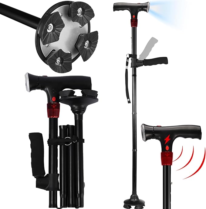Walking Cane for Men & Women with Alarm, LED Light and Foldable Handle, Foldable, Adjustable, Lightweight, Free Self Standing Walking Cane for Seniors & Adults