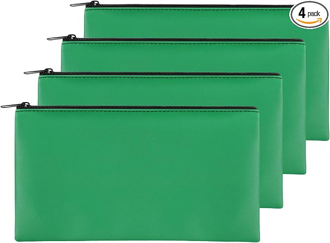 4Pack Money Bag 11 X 6", Safe Durable Waterproof Bags With Zipper for Cash, Coin Pouch PU Leather Bank Bag for Checks, Makeup, Bills, Receipts, Tool Storage (Green)