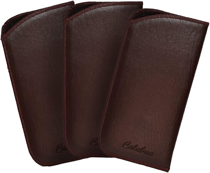 Calabria Slim Faux Leather Eyeglass Case Soft Slip-In Design [Brown without Clip - 3 Pack] | Compact Protective Pouch | Soft Case for Glasses | Lightweight Sunglass Storage