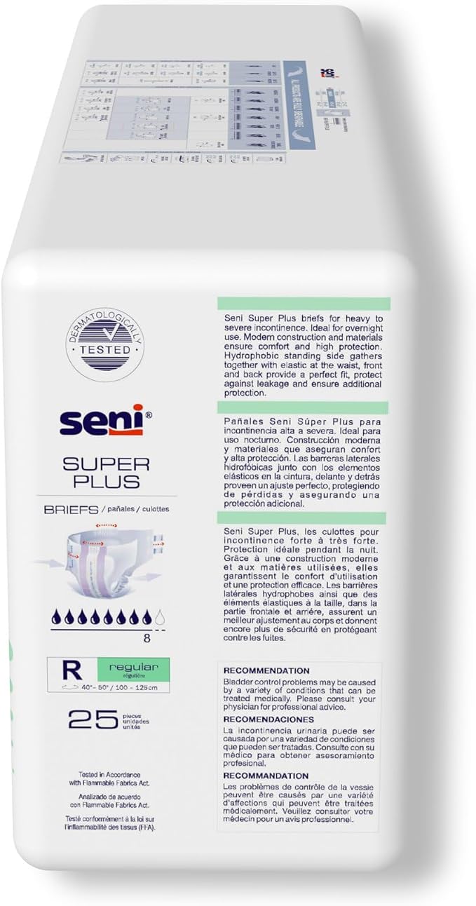 Seni Super Plus Unisex Adult Incontinence Briefs with tabs, Regular Size (40"-50"), 75 Count (3 Packs of 25), Heavy to Severe Absorbency, Disposable Overnight Brief for Men & Women