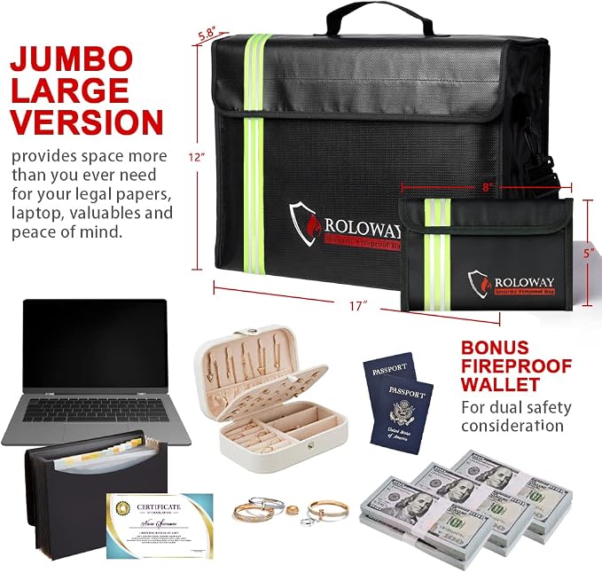 ROLOWAY Large (17 x 12 x 5.8 inches) Fireproof Bag with Reflective Strip, Water Resistant Fireproof Document Bag Safe for Money, Documents and Valuables Storage