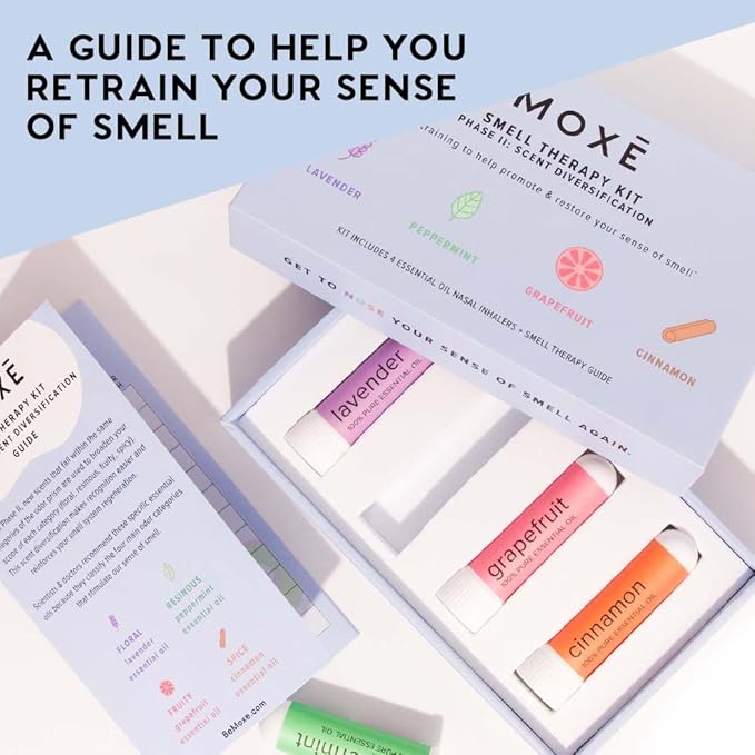 MOXĒ Smell Training Kit, Made in USA, Scent Diversification, 4 Essential Oil Fragrances, Olfactory Regeneration, Smell Expansion, Natural Therapy for Smell Loss, Includes Guidebook & Log (Phase 2)