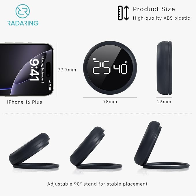 Stell Gray Quick Que Kitchen Timers, Visual timers Large LED Display Magnetic Countdown Countup Timer for Classroom Cooking Fitness Baking Studying Teaching, Easy for Kids and Seniors (Steel Gray)