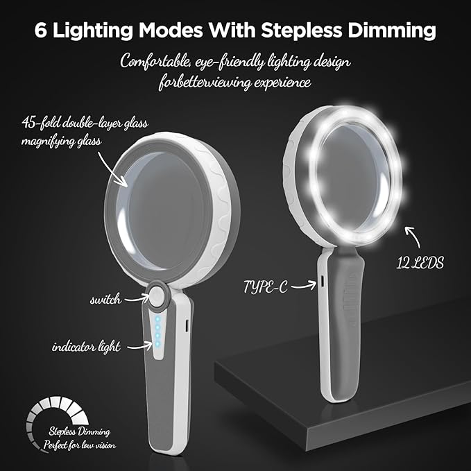 45X Magnifying Glass with Light for Reading – Large 4.6" Rechargeable LED Magnifier with 6 Color Modes, 1200mAh Battery – Magnifying Glass for Seniors, Close Work, Hobbies