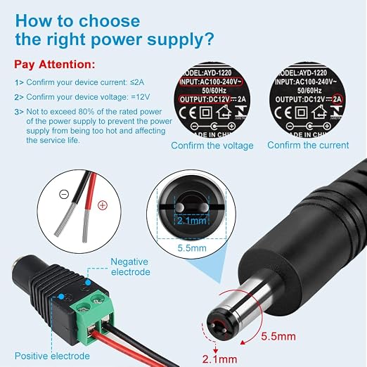 12V Power Supply, 12 Volt 2A 24W DC Power Supply with On Off Switch, Black Switching LED Power Adapter, AC 110V to 12V Transformer Plug for LED Strip Lights with 5.5/2.1 DC Female Connector, 3 Pack
