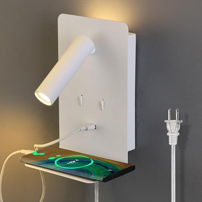 ZEROUNO Plug in Wall Light Bedroom Wall Mounted Reading Light LED Bedside Sconces with Switch USB Port Wall Lighting Lamps 3000K(White)