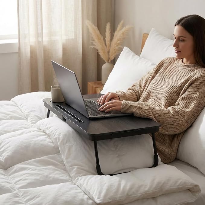 BUYIFY 23.4" Foldable Lap Desk Bed Table with Cup Holder Tray Black | Portable Folds Flat for Easy Storage, No Assembly Laptop Bed Desk, Sturdy and Lightweight, Patent Design