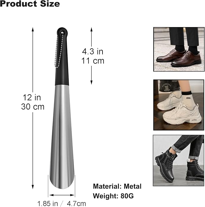 Harniruco Metal Shoe Horn 12 Inch Portable Quality Stainless Steel Shoehorn with Rubber Grip Fashion Shoe Spoon Helper for Travel Home Use