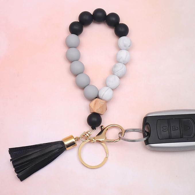 BAOSIWA Silicone Key Ring Bracelet Wristlet Keychain Unique Beaded Bangle Key Chains for Women with Leather Tassel