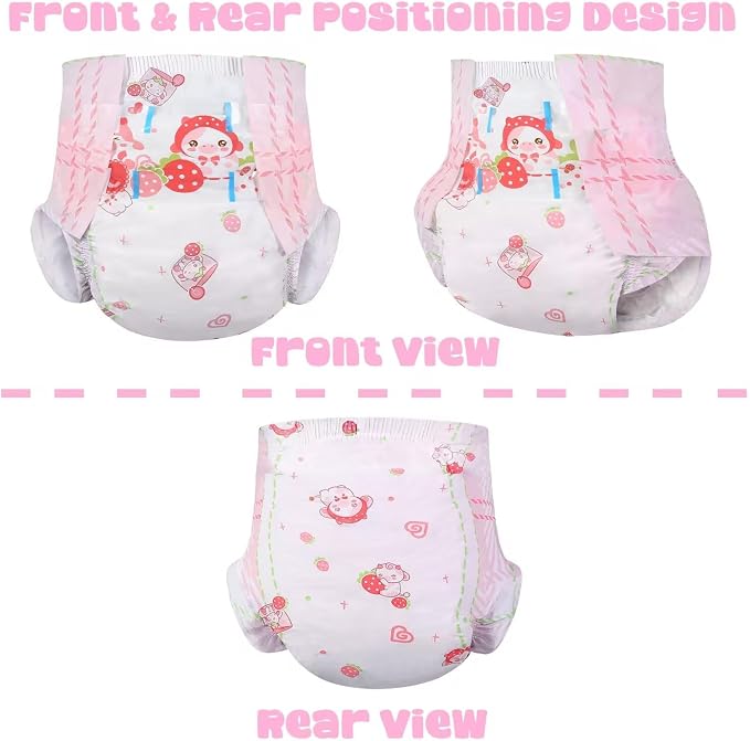 Landofgenie Adult Diapers Large Overnight Printed Diaper with Tabs 10 Pieces - Strawberry Cow (Large 36"-46") | 5000 mL Absorbency, Side Leak-Proof Barriers, Elastic Cuffs & Waistband, Adjustable Tabs