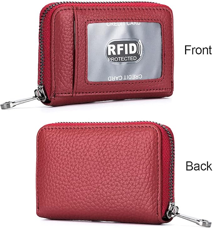 Genuine Leather Credit Card Wallet Accordion Zipper Rfid Credit Card Holder Small Coin Purse with ID Window (wine red)