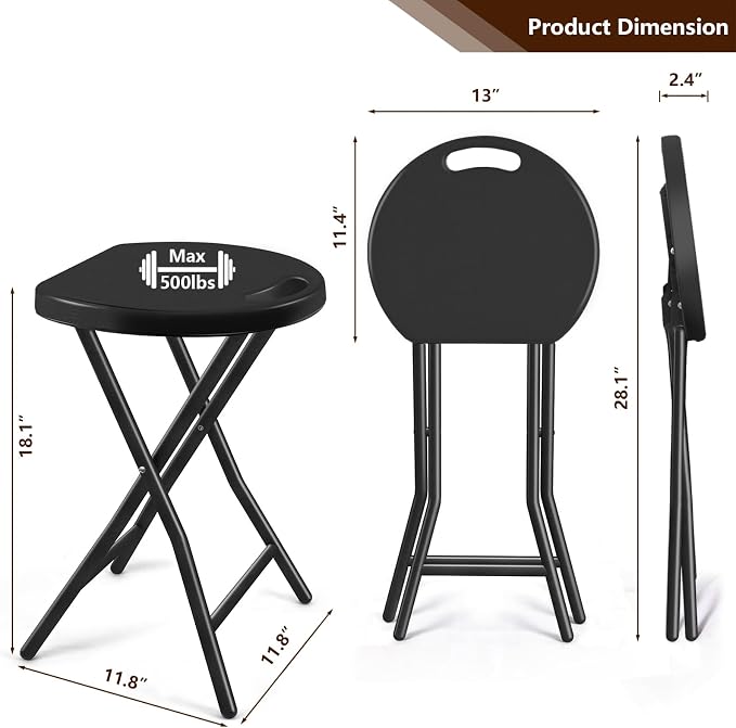 Portable Folding Chair with Handle, Heavy Duty Round Fold Stool Chair | 500lbs Capacity for Adults, 18 Inch Foldable Stool for Dorm, Kitchen, Vanity, Church and Outdoor use