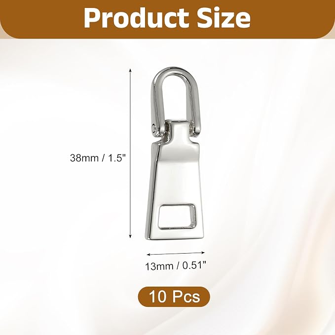 uxcell 10pcs Zipper Pull, 1.5 Inch Zinc Alloy Zip Puller Zipper Pull Replacement Sewing Zippers Tapes for Luggage Clothing Jackets Backpacks Boots, Stainless Steel Color