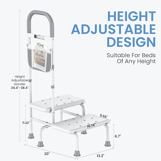 2 Step Stool with Handle for Elderly Heavy Duty Bed Steps for High Beds for Adults Two Step Stools for Seniors with Adjustable Handrail Non-Skid Platform LED Light Foot Stool for Kitchen Room (White)