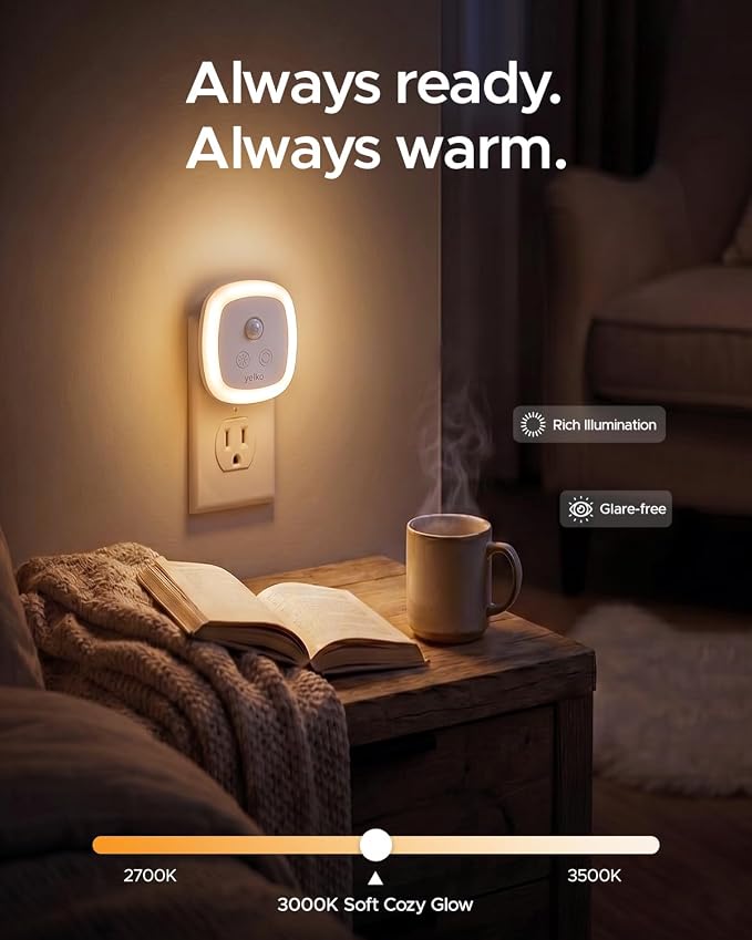 YELKO Motion Sensor Night Light with Dusk to Dawn Sensor - Plug in Cool White Anti-Glare LED, Soft Cozy Glow, 5 Level Dimmable, Timer Function for Bathroom, Hallway, Kitchen, Stairs, Garage, 2-Pack