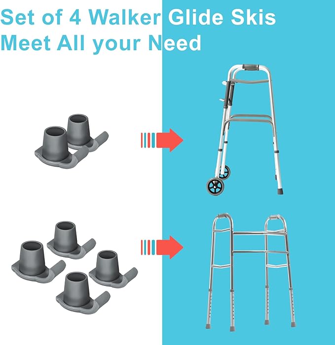 Dotday Walker Skis Glides 2 Pack, Universal Walker Accessories for Seniors | Walker Glides for Folding Walker, Durable Easy-Glide Mobility Aid, Walker Feet Replacement, Universal 1-1/8 inch, Gray