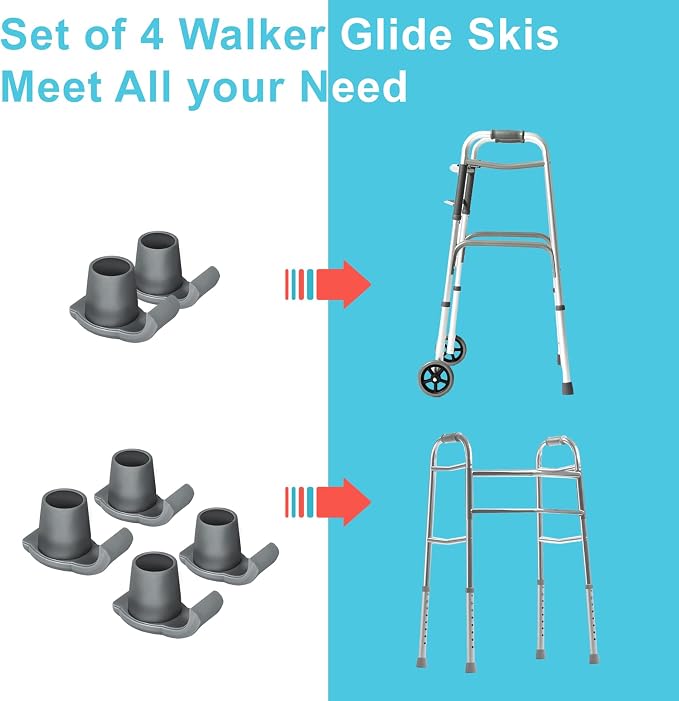 Dotday 4 Pack Walker Skis Glides, Universal Walker Accessories for Seniors | Walker Glides for Folding Walker, Durable Easy-Glide Mobility Aid, Walker Feet Replacement, Universal 1-1/8 inch, Gray