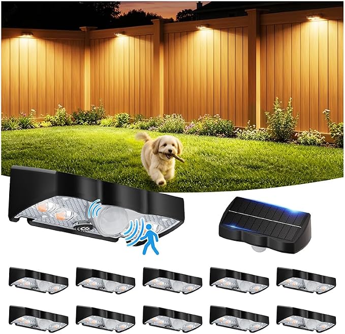VOLISUN Motion Sensor Solar Fence Lights Outdoor 12 Pack, IP65 Waterproof, 3 Modes (High/Low/Steady-On) Dusk to Dawn Backyard Lights, 3000K Warm White Motion Sensor Outdoor Lights for Garden Yard Deck