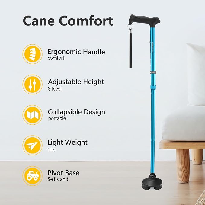Rehaescort Walking Cane for Men & Women - Folding, Adjustable, Lightweight, Walking Canes for Seniors Balance, Free Standing, Pivot Tip, Soft Handle, Foldable Walking Sticks with Travel Bag