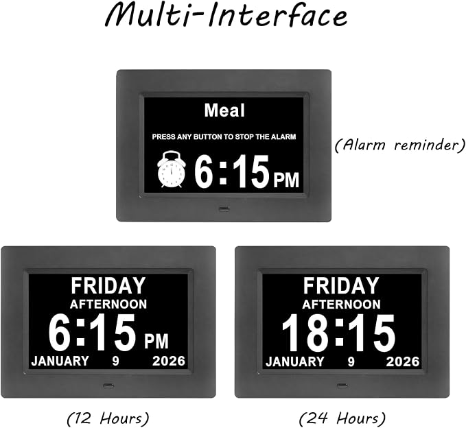 Jaihonda Dementia Clocks for Seniors,7 Inch Clock with Day and Date for Elderly,12 Alarms Option,Auto Dimmable,Large Display Digital Clock with Large Number