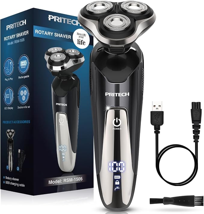 PRITECH Electric Razor for Men Rotary Electric Shavers for Men Cordless | Portable, Wet & Dry Use, Travel Lock, LED Display, IPX6 Waterproof, Lightweight, USB Fast Charging, Gift for Men