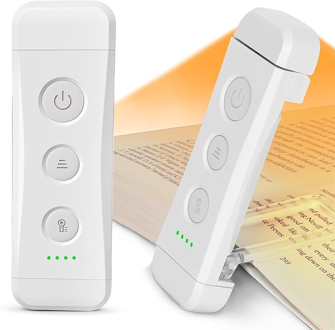 Glocusent USB Rechargeable Book Light for Reading in Bed, Portable Clip-on LED Reading Light, 3 Amber Colors & 5 Brightness Dimmable, Compact & Long Lasting, Perfect for Book Lovers (White-Pro Max)
