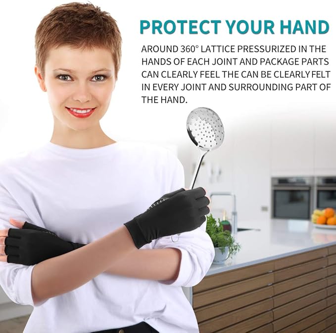 2 Pairs Copper Arthritis Gloves for Women Men, Fingerless Breathable & Moisture Wicking Arthritis Compression Gloves for Computer Typing and Dailywork of Hands joint Support (Large)