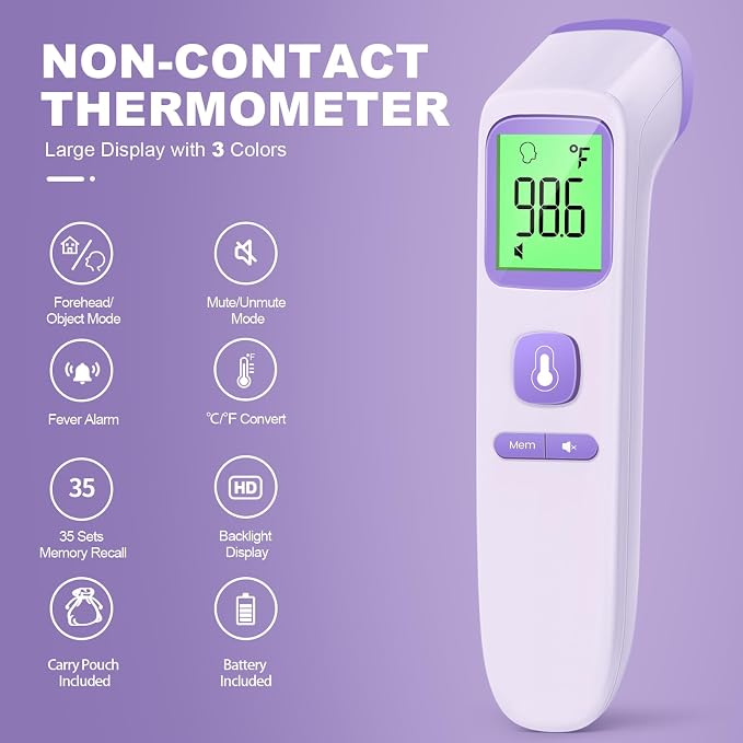 No-Touch Thermometer for Adults, Kids, Babies, 1-Sec Fast Accurate (Purple) | Fever Alarm, Large LCD with 3-Color Backlight, Silent Mode, 35-Reading Memory, Forehead & Object Mode, for Home & Clinic