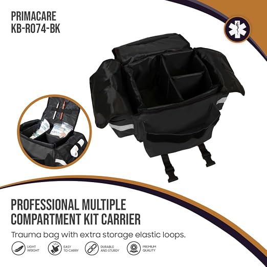 Primacare KB-RO74-BK First Responder Trauma Bag, 17" x 9" x 7", Black — EMT/EMS Medical Supply Organizer with Padded Dividers, Multiple Compartments, Side Pockets, Reflective Strip, Durable Design