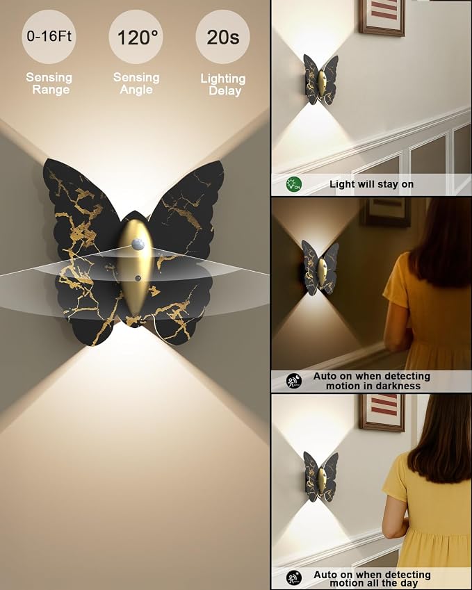 Eneru Motion Sensor Wall Sconce Set of 2, Rechargeable Wall Lights, Indoor | 5000mAh Battery Operated Wall Sconces, Magnetic Butterfly Motion Night Light for Hallway Stair Closet Pantry, Black & Gold