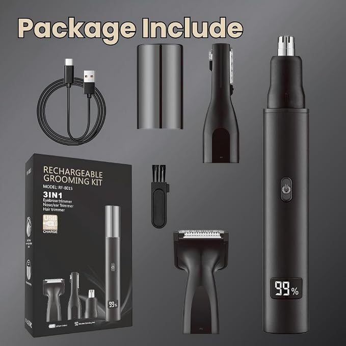 Rechargeable Ear and Nose Hair Trimmer for Men Women, Professional Hypoallergenic 3IN1 Eyebrow & Facial Hair Trimmer, Gentle Dual Blades, USB-Type C Fast Charge, Portable with Detachable Head