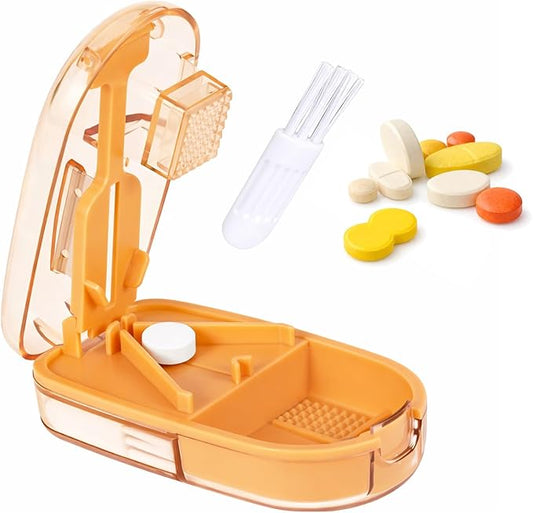 Pill Cutter and Crusher, Tablet Splitter for Small and Tiny Pills, Pill Storage and Built-in Cleaning Brush, for Small and Large Pills, Vitamins and Medications with Safety Blade Guard– Orange