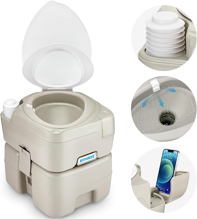 Kohree Portable Toilet for Camping 5.3 Gallon, 20L Cassette Toilet | Porta Potty for Adults with Diagonal Elongated Bowl Seat, Bellows Flush Pump, Flushable Leakproof Toilet for RV Trailer Camp