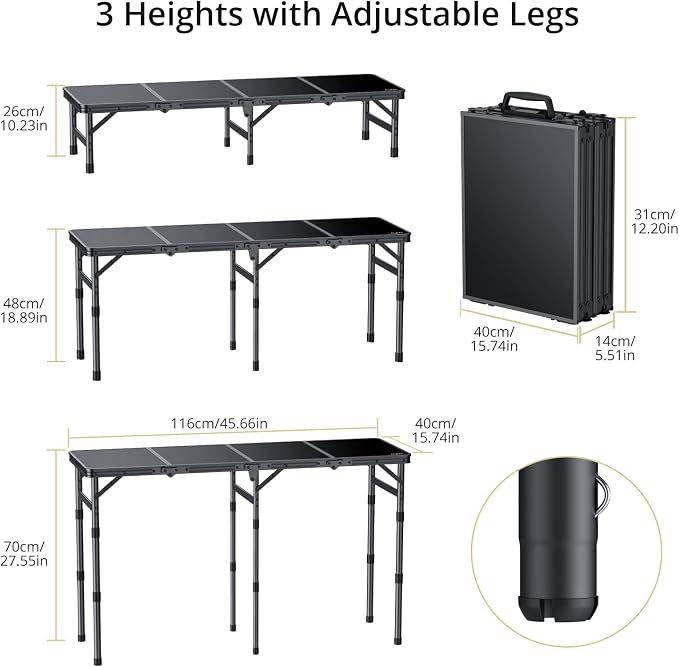 Anbte 4-Fold Camping Table, 3 Adjustable Height Max 27.5”, 46” X 16”, Black | with Storage Net, 4ft Aluminum Portable Camping Table, Lightweight, For Picnic Beach Outdoor Indoor RV Travel Tailgate