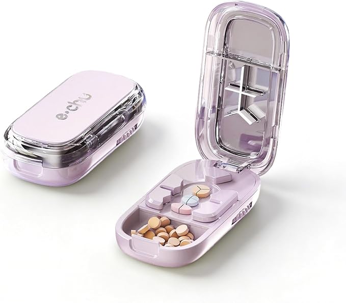 Pill Cutter Splitter for Small and Tiny Large Pills,Adjustable Pill Splitter Push-Button Cuts into 1/2, 1/3, 1/4，Comes with a Small Brush and a Medicine Storage Box (Pink, 1/2,1/3,1/4)