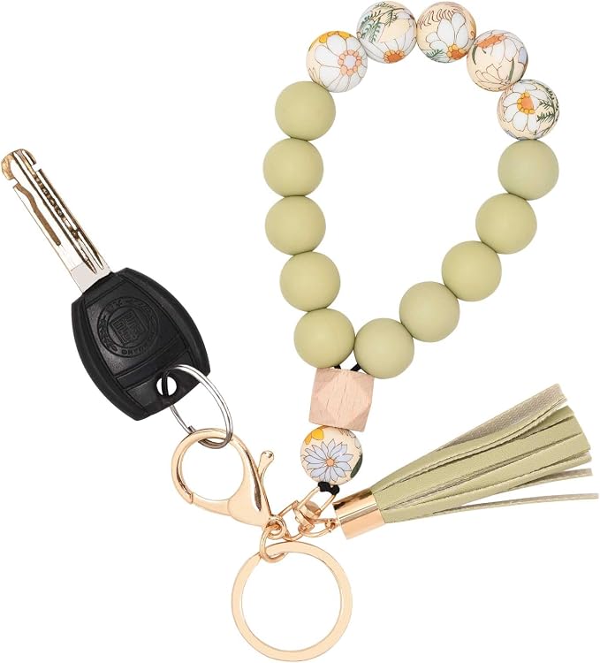 BAOSIWA Silicone Key Ring Bracelet Wristlet Keychain Unique Beaded Bangle Key Chains for Women with Leather Tassel