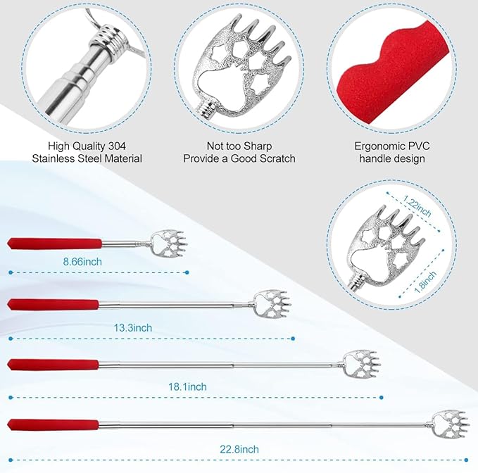 4 Pcs Different Back Scratcher Extendable Back Massager Tool with 吃, Metal Portable Telescoping Back Scratcher with Beautiful Box, Gifts for Men Women Stocking Stuffers (Red)