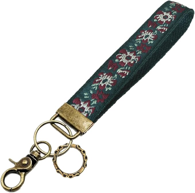 Boho Vintage Embroidered Floral plant Wristlet Keychain for Women | Cute Lanyard&Antique Brass Clasp, Lightweight Hands-Free Key Holder for keys,purses,handbags and daily outdoor use for ladies