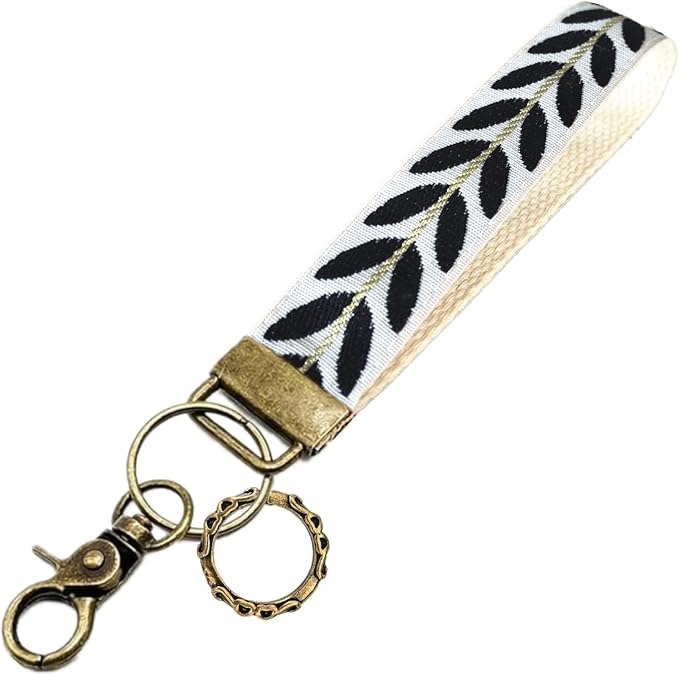 Boho Vintage Embroidered Floral plant Wristlet Keychain for Women | Cute Lanyard&Antique Brass Clasp, Lightweight Hands-Free Key Holder for keys,purses,handbags and daily outdoor use for ladies