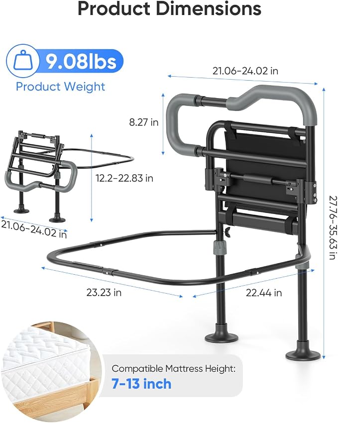 Bed Rails for Elderly Adults Safety, Foldable Bed Rail with Non-Slip Handle | Adjustable Height & Width, 350LBS Load, Large Suction Feet, Motion Sensor Light & Storage Bag, Fits 7"-13" Mattress