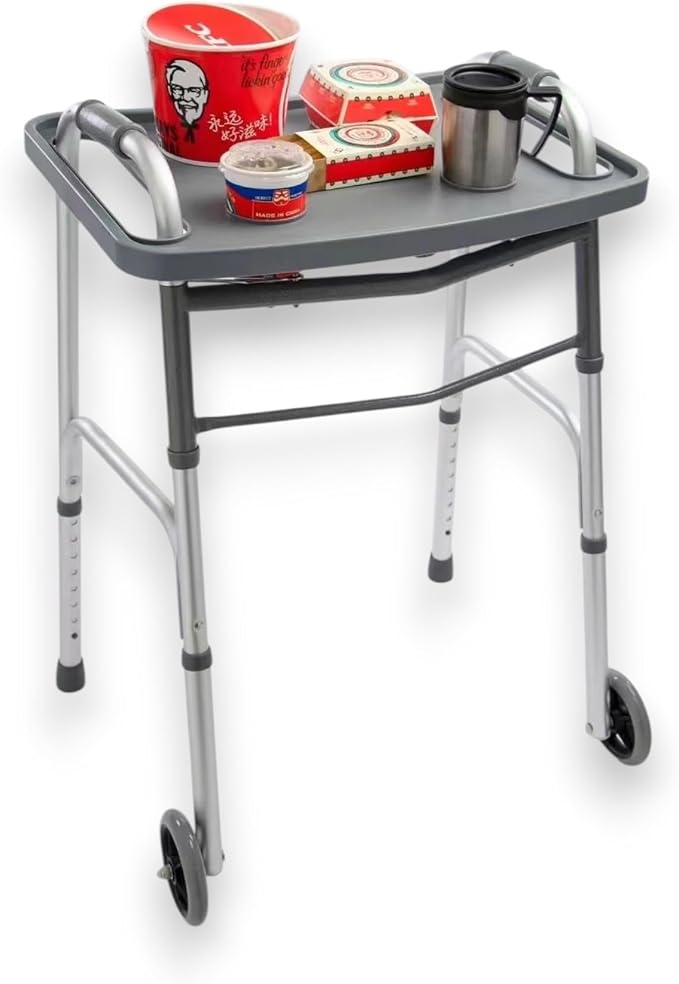 Universal Walker Tray Gray - Sturdy Non-Slip Rollator Basket with Cup Holders - Fits Most Standard Walkers for Hands-Free Transport of Drinks & Essentials