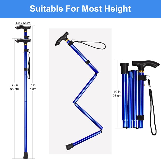supregear Folding Cane, 5-Level Adjustable Height Walking Stick Lightweight Collapsible Portable Travel Cane with Wrist Strap and T Handle for Elderly Disabled Men Women
