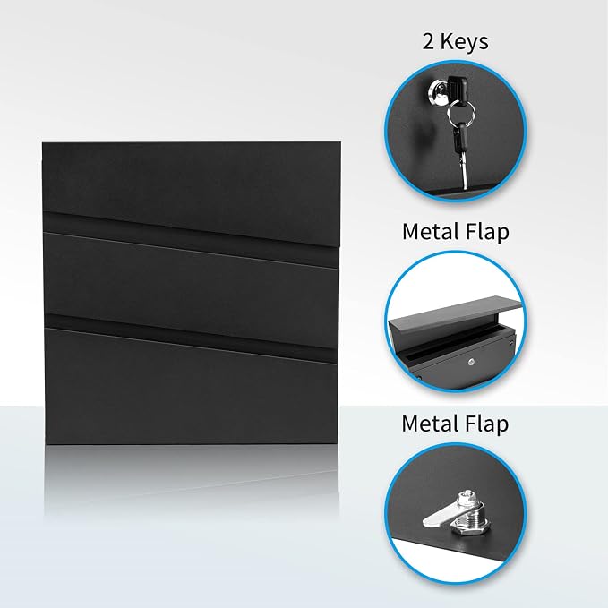 Wall-Mount Mailbox with Lock and Keys, Security Key Drop Box for House Outside, Locking Postbox, Steel Metal Rust-Proof Mail Box, 11.02 x 11.02 x 4.33 Inch, Black, MD002