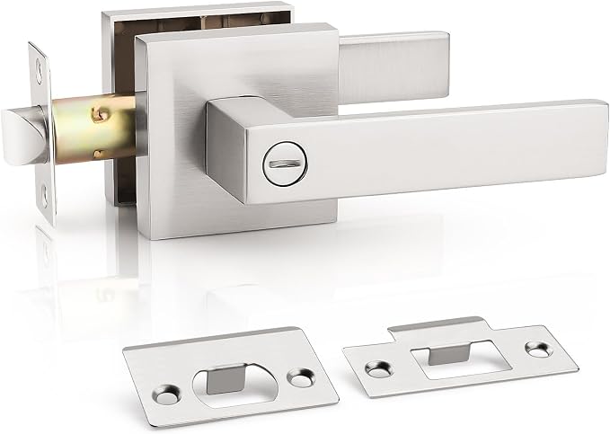 KNOBWELL 1 Pack Brushed Nickel Door Handle, Interior Doorknob with Lock for Bed and Bath Keyless Modern Square Lever Handle(No Key)