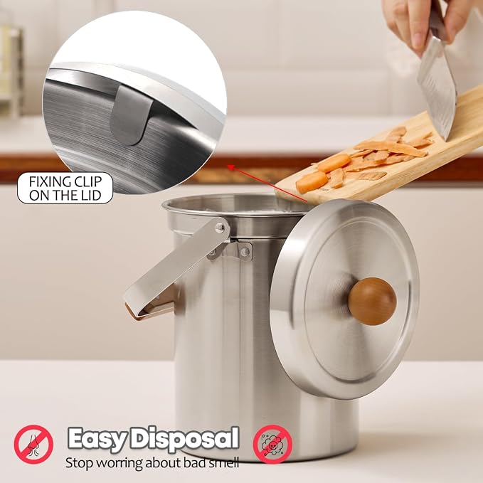 WAGENSTEIGER Kitchen Countertop Compost Bin 101ounces / 3Liters with Airtight Lid, SUS304 Stainless Steel Odor-Free Food Waste Bin with Wooden Handle Stylish Design/Bathroom Trash Can (Silver)