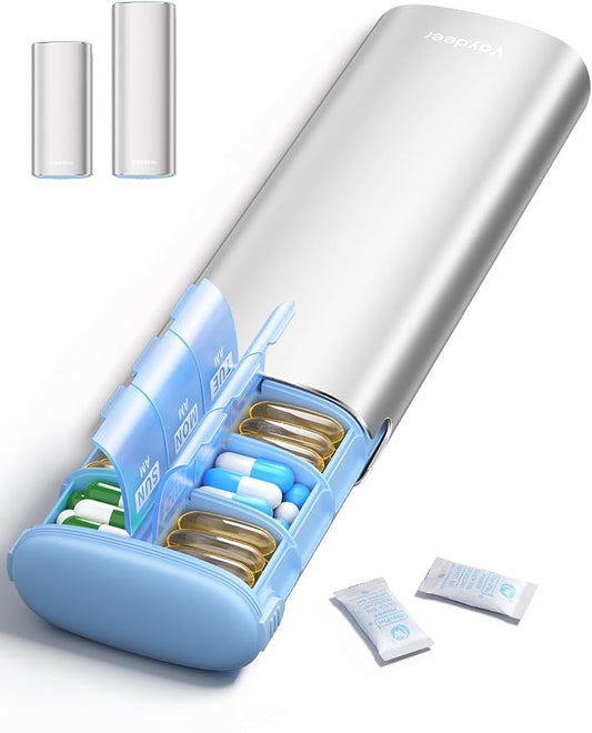 Vaydeer Large Metal AM PM Pill Organizer 7 Day, 2 Times a Day Pill Box with Built-in Desiccant & Triple-Layer Seal, Travel Pill Case for Fish Oil, Vitamins, Supplements and Medication (Silver)