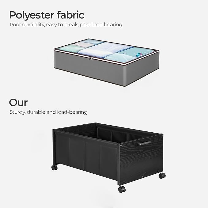 FOUCSSOMEI Under Bed Storage with Wheels, Wooden Under Bed Drawers On Wheels, Rolling Under Bed Shoe Storage, Space Saving, Black,70L