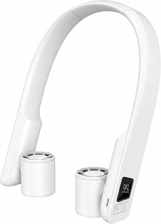 FrSara Portable Neck Fan that Blows Cold Air Rechargeable, Personal Battery Powered Cooling Device with USB TYPE-C, LED Display, Light, 3-Speed, 3000mAh, Ideal Present for Women, Men, Travel, White