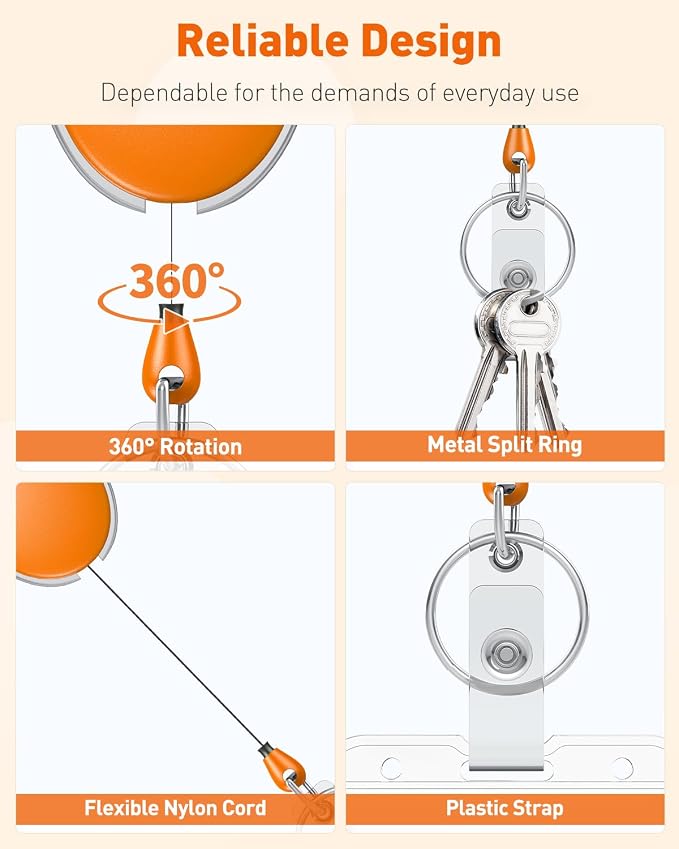 Uniclife 2 Pack Retractable Keychain, Retractable Badge Reel, Heavy Duty Badge Holder Clip for Keys and ID Card, Key Chain Extender with Carabiner Belt Clip and Key Ring, Orange