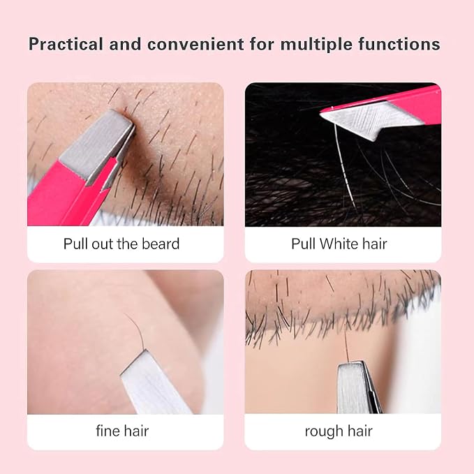 Derlaier Tweezers Set Professional High Precision Stainless Steel Eyebrow Remover Ingrown Hair & Splinter Removal Kit Facial Hair Grooming Tools for Men Women Pink 4 Pcs